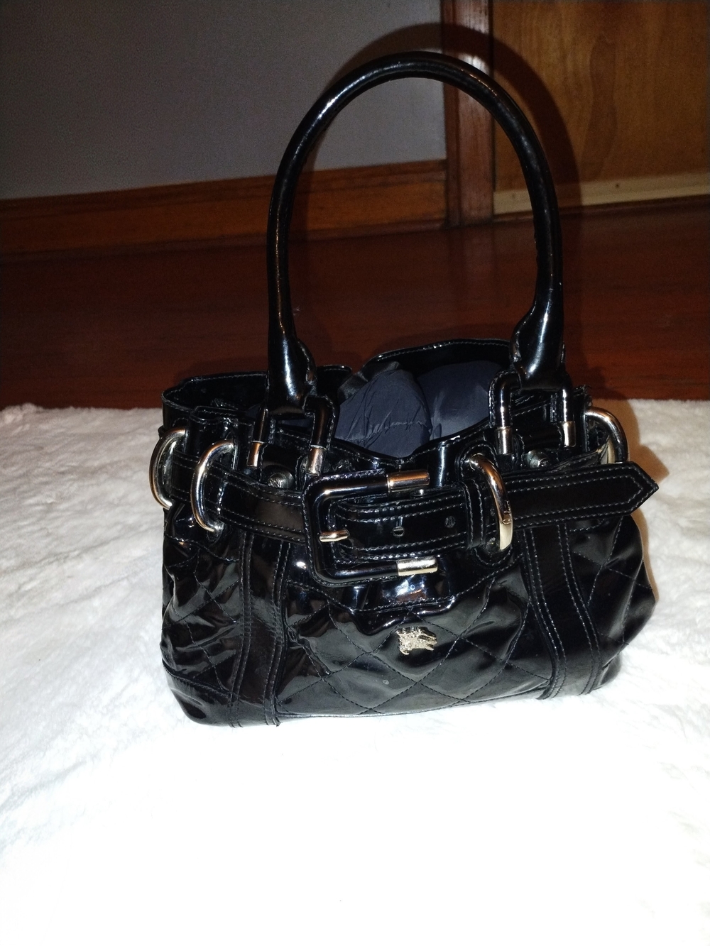 Burberry Black Quilted Patent Shoulder Bag with Belt-Detail